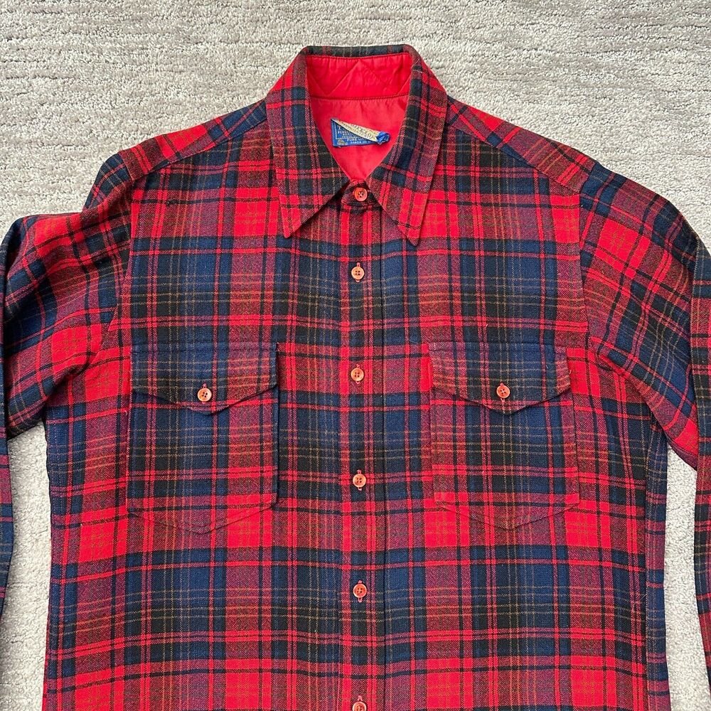 VTG Pendleton Field Shirt Mens 15.5 Red Blue Plaid 100% Wool USA Flannel READ - Picture 2 of 12
